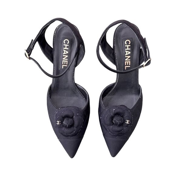 Chanel black flower canvas slingback heels size 38 - Picture 1 of 11